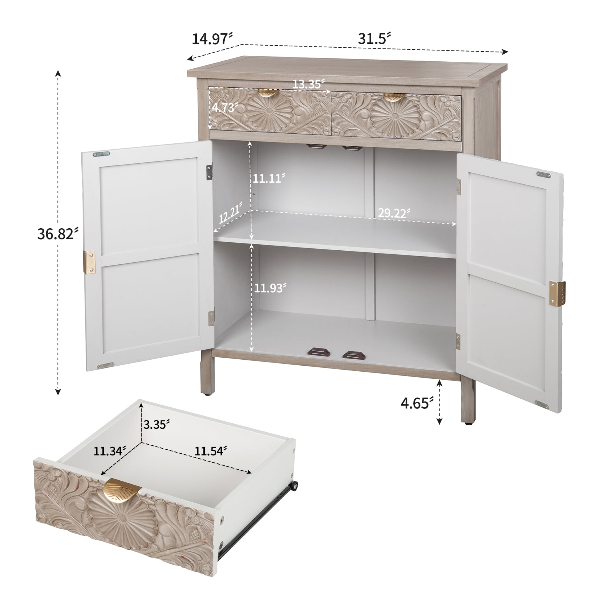 Leumius Accent Cabinet, Wooden Storage Cabinet with Drawer & Doors, Floral Embossed Sideboard with Gold Handles for Entryway Living Room Natural