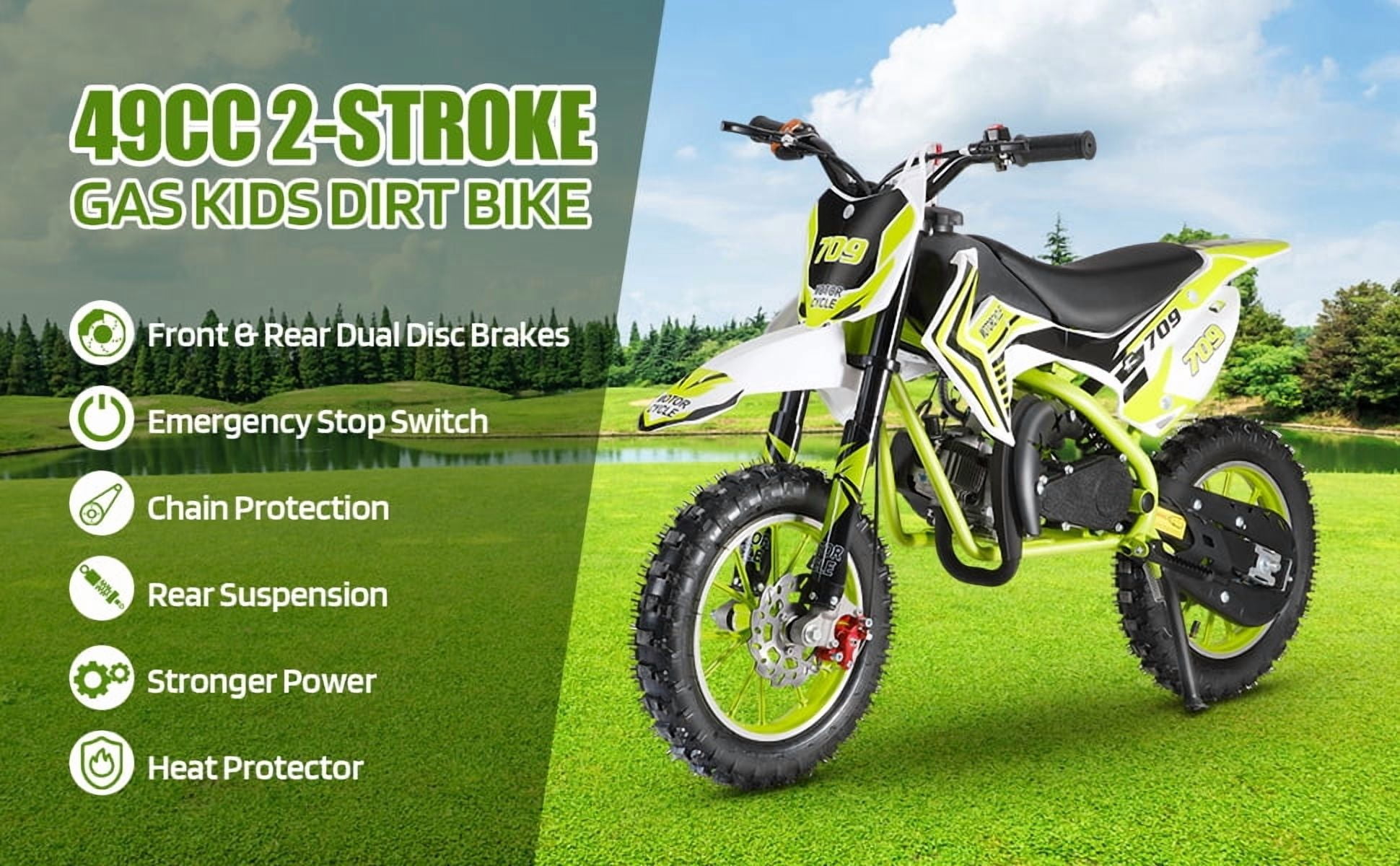 Korogimeeet Gas Powered Mini Dirt Bike 49cc 2-Stroke, Hand-Pull Start, 10 Inch Off-Road Tires, Dual Disc Brakes, Infinitely Variable, 30KM/H Max Speed, 150kg, 47 x 28 Inch