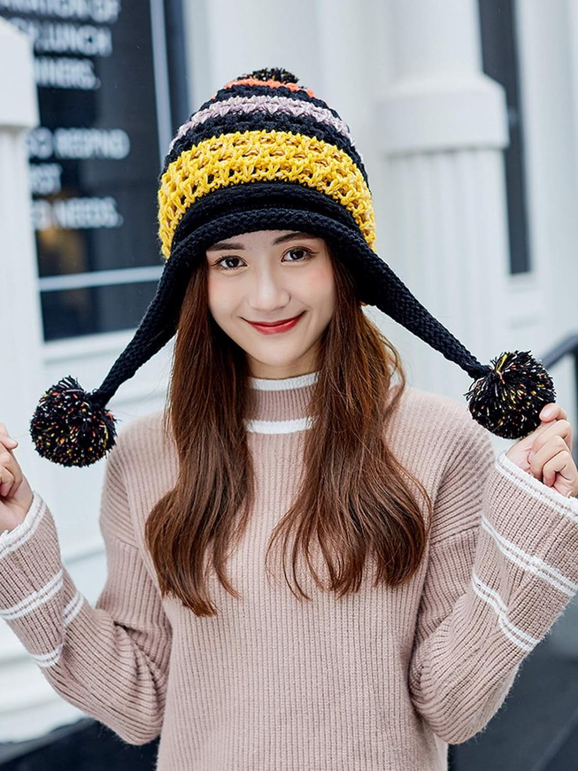YooGuoGuo Women Fleece Lined Beanie Cap Contrast Color Warm Knitted Ski Hat w/Earflap Pom