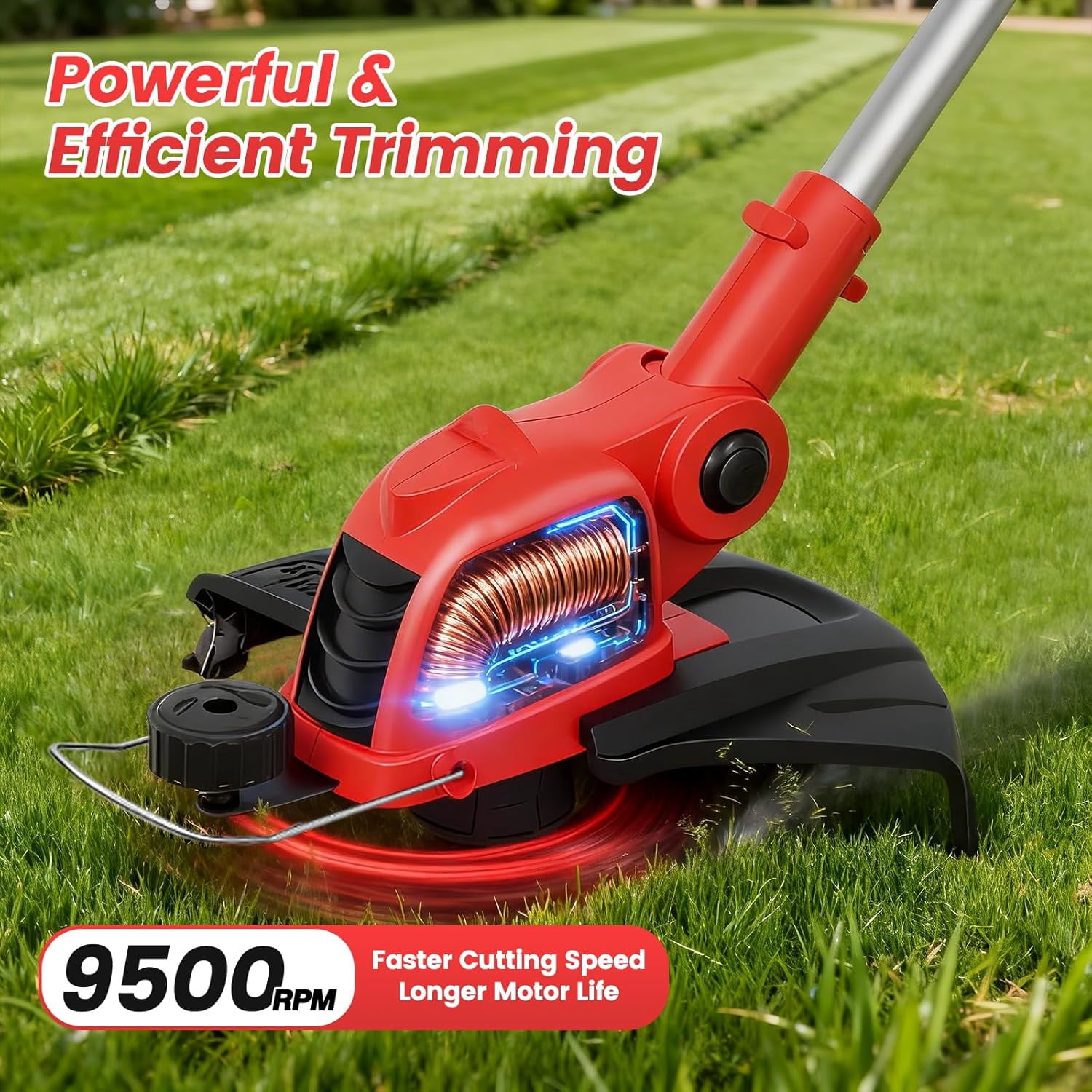 Cordless String Trimmer & Edger, 21V Weed Wacker with 2x4.0Ah Batteries & Fast Charger, 12" Automatic Feed Grass Trimmer, 2-in-1 Electric Weed Eater for Garden Edge Lawn Tool-Red