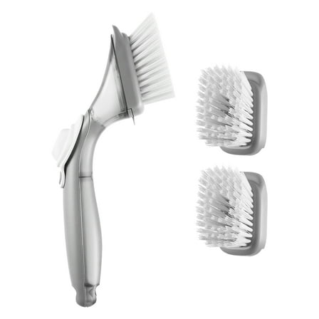 VEVOR Soap Dispensing Dish Brush, Kitchen Scrub Brushes with 3 Brush Heads, Dish Cleaning Brushes with PP Handle and Curved Bristles, Ideal for Pots, Pans, Sink and Stove