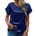 thumbnail image 3 of Bienvenido Short Sleeve Blouse Round Neck Pure Color Casual Comfortable Breathable Skin Friendly Top for Women Purplish Blue S, 3 of 6