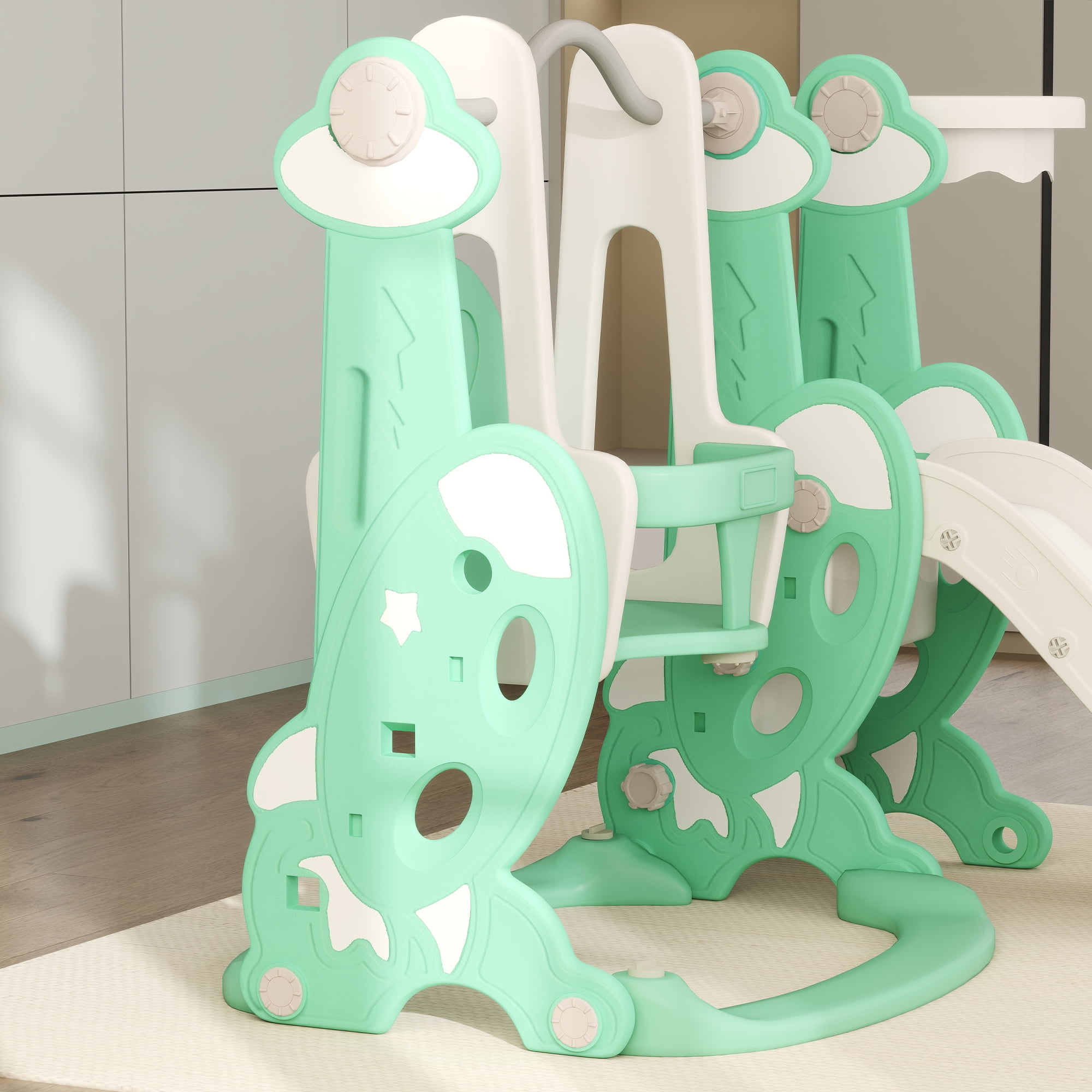 Qaba 4 in 1 Toddler Slide and Swing Set, Indoor Kids Slide for Ages 1.5-4, Toddler Playset Playground with Climber, Basketball Hoop, Green