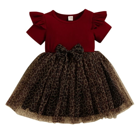 

Girl s Summer Dresses Short Sleeve Princess Dress Leopard Print Red 90