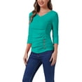 thumbnail image 4 of INSPIRE CHIC Women's Ruched Blouse Button Decor V Neck 3/4 Sleeve Solid Knit Top L Peacock Blue, 4 of 6