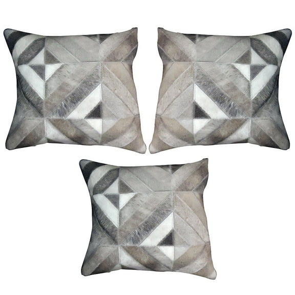 Hilason Set Of 3 Cowhide Leather Hair-On Patchwork Cushion Pillow Cover 16 X 16