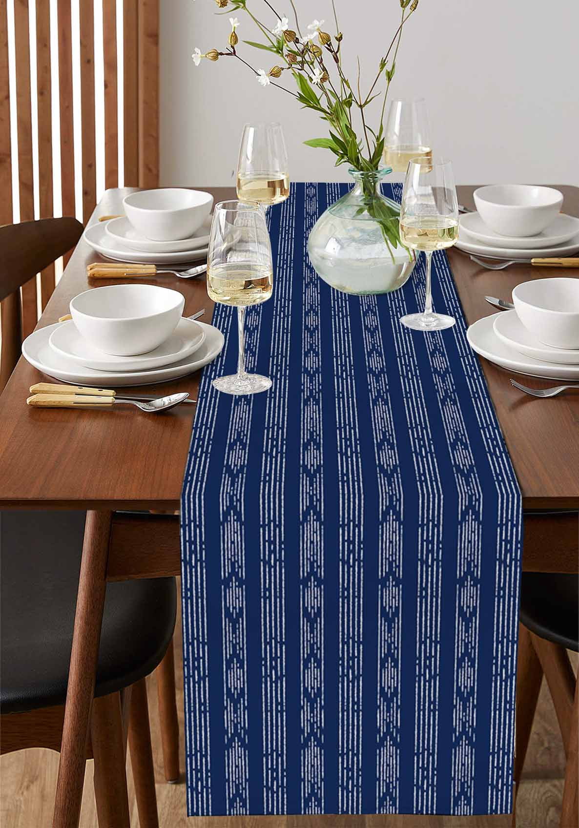 Navy Blue Boho Table Runner 72 Inches, Bohemian Geometric Stripes Tribe Farm Bed Runner Dresser Scarves Tabletop for Indoor Outdoor Parties/Ceremony/Banquet, 18" x 72"
