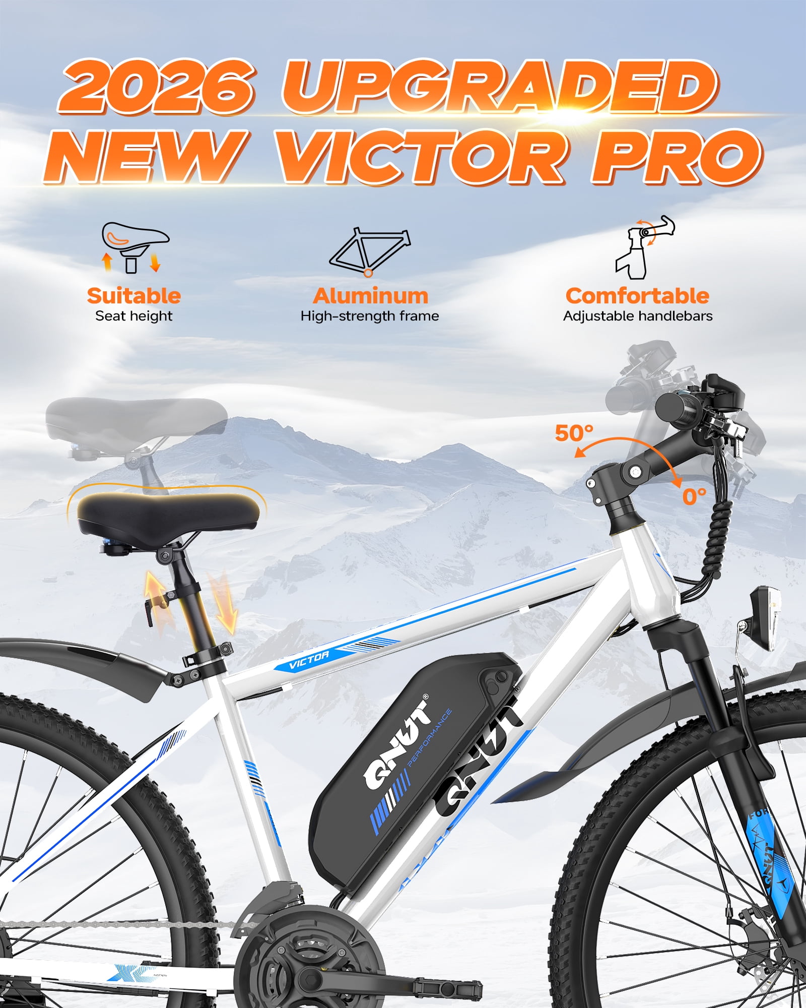 QNUT Full Aluminum Electric Bike for Adults & Teens, Peak 750W, Upgraded Adjustable Handlebars, 21-Speed Commuter E-Bike with Dual Disc Brakes, 40-Mile Range, for mountain & Commuter (Blue-White)