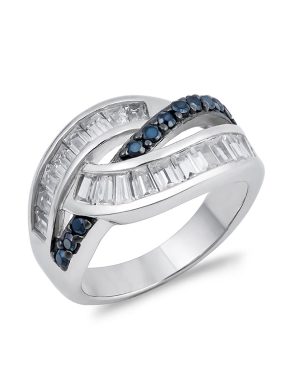 Sterling Silver Women's Black Simulated CZ & White CZ Braid Ring ( Sizes 5 6 7 8 9 ) Promise Band Rings (Size 7)