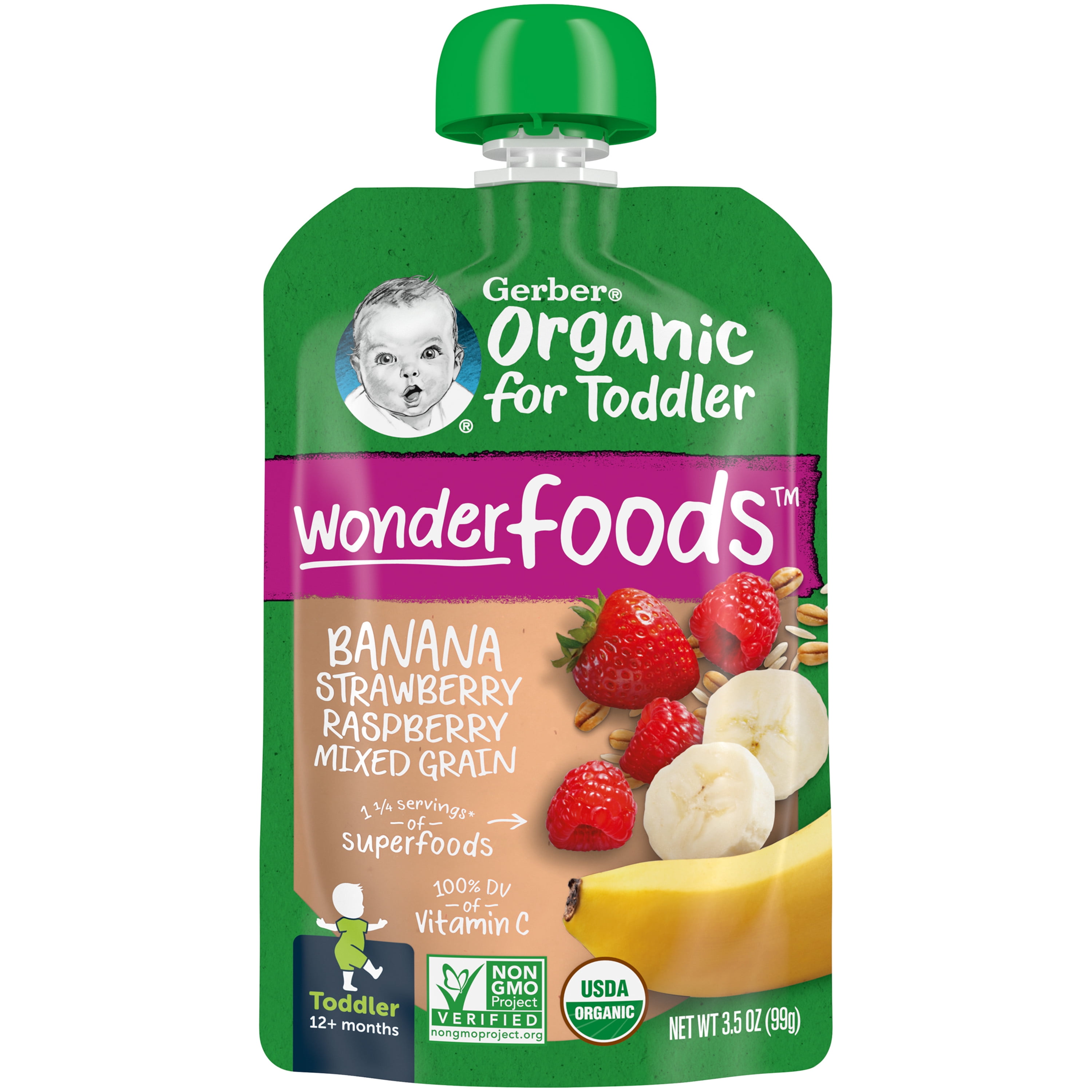 Gerber Organic for Toddler Wonder Foods, Banana Strawberry Raspberry Mixed Grain, 3.5 oz Pouch