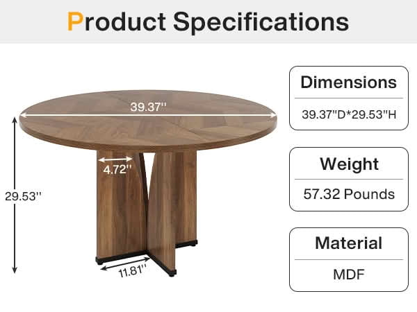 MAYEERTY 39 Inch Round Farmhouse Dining Table, Brown Wood Kitchen Dinner Table for 4 People for Small Spaces