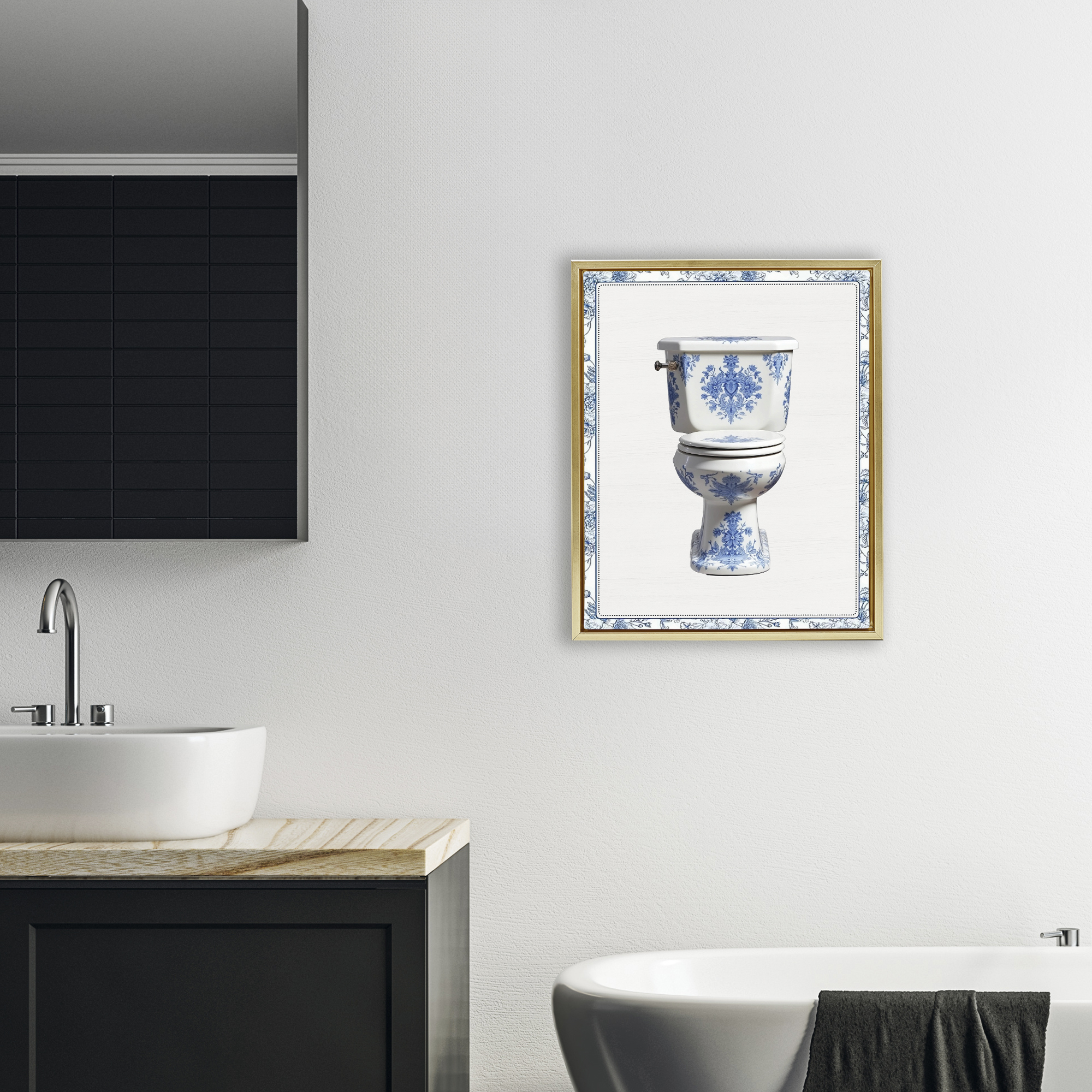 Vintage Chinoiserie Toilet Gold Framed Floater Canvas Wall Art, design by Lettered and Lined