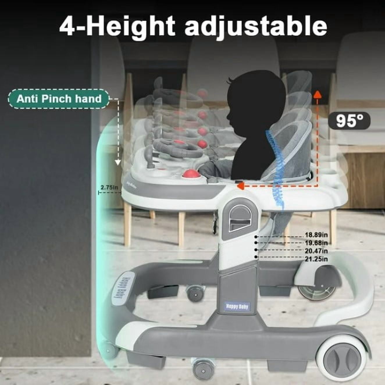 LHUAI 5-in-1 Baby Walker With Bouncer, Removable Footrest, Feeding Tray & Music, Foldable & Adjustable Activity Walker For Boys And Girls, Toddler Infant, Grey