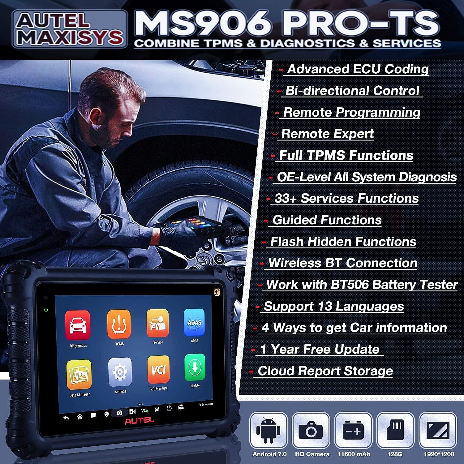 Autel MaxiSYS MS906 Pro-TS OBD2 System Diagnostic Tablet Full TPMS Function Bi Directional Control ECU Coding for BMW for Audi 26 Service Reset BMS Cloud Service Remote Expert Better MS906 MS906BT