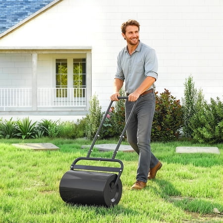 Outsunny 20-Inch Push/Tow Behind Lawn Roller Filled with 10 Gal Water or Sand for Flattening Sod in the Garden, Black