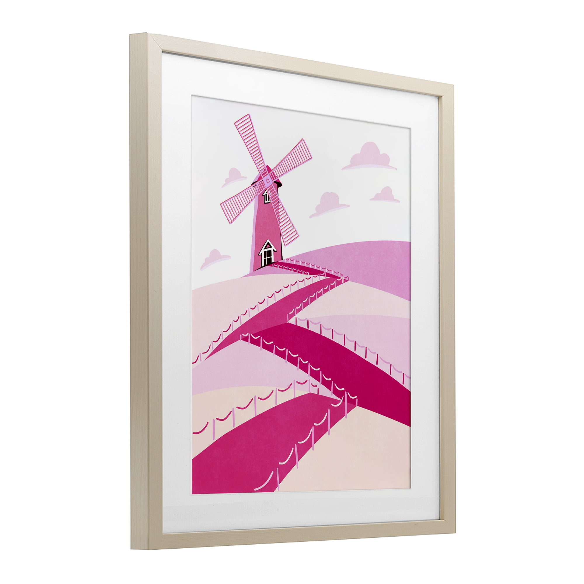 Pink Hills and Windmill Birch Framed Print Under Glass, design by Ziwei Li