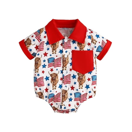 

ESASSALY Boy 4th of July Jumpsuit Bull Print Short Sleeve Button Down Romper