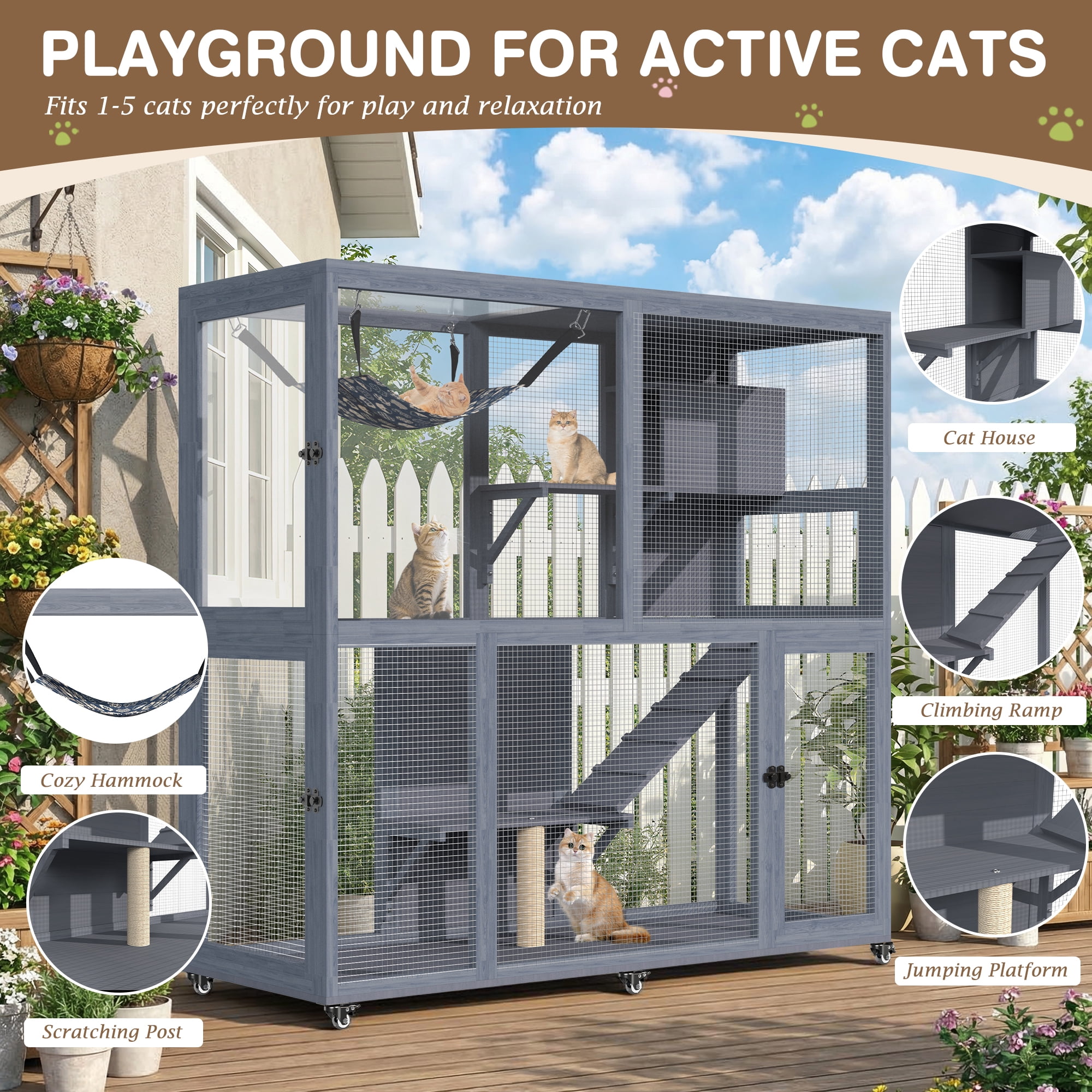 Haverchair 4-Tier Catio Cat Enclosure Outdoor, Portable Cat House Cage for Multiple Cats Indoor, Wood Kitty Condo w/Waterproof Roof Wheels Platforms Hammock Scratching Post for Sunbathing Playing