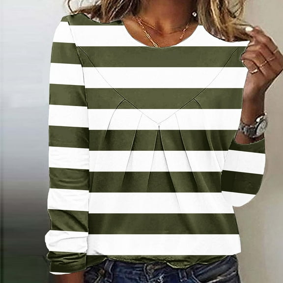 Neewe Women's Casual Striped Long Sleeve Tops Crew Neck Knit Basic T Shirts