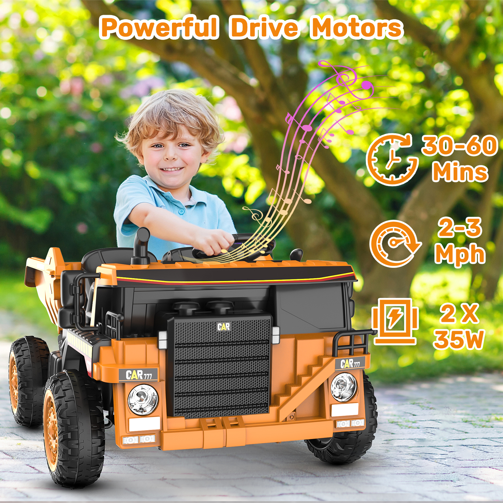 TOKTOO 12V Battery Powered Ride-on Dump Truck with Remote Control, Music Player, Electric Dump Bucket, Kids Tractor -Ginger Yellow - image 5 of 7
