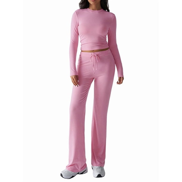 Conjuntos de 2 Piezas para Mujer, Larga, Cuello Redondo, Pantalones Acampanados de Cintura Alta, Conjuntos de Chándal, Ropa de Calle. Rosa M