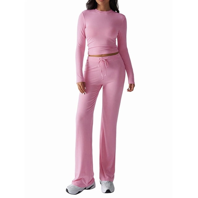 Conjuntos de 2 Piezas para Mujer, Larga, Cuello Redondo, Pantalones Acampanados de Cintura Alta, Conjuntos de Chándal, Ropa de Calle. Rosa S