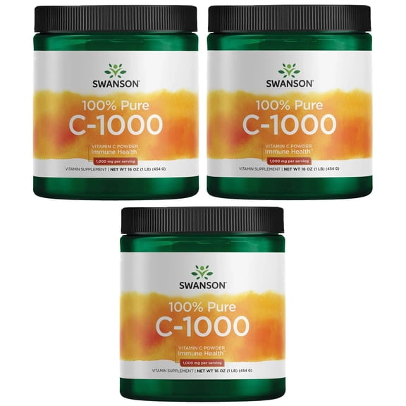 Swanson Vitamin C Powder 100% Pure Ascorbic Acid, Immune System Support, Skin Health, Cardiovascular Health, Antioxidant Supplement 1000 mg (per serving) 1 lb. 454 g (3 Pack)