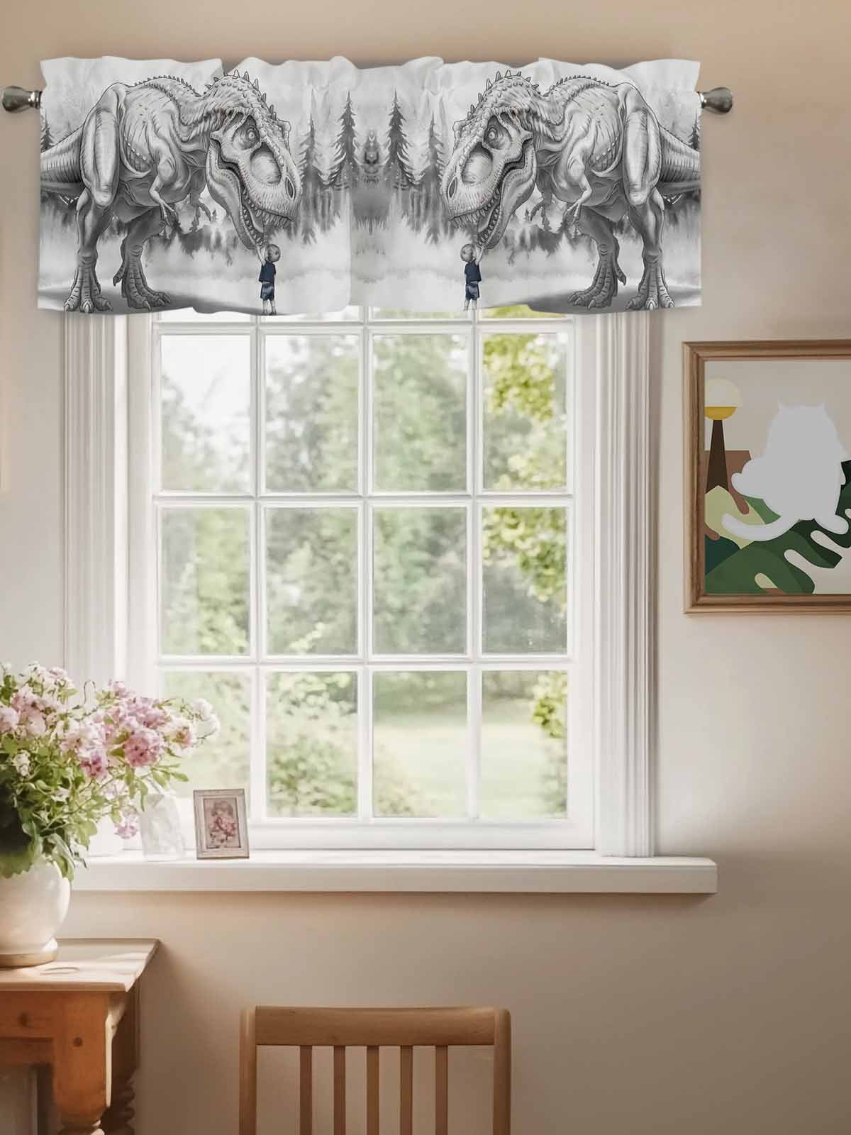 Dinosaurs Boy Curtain Valances for Windows, Gray Funny Cartoon Forest Animals Kitchen Valance Window Treatment, Light Filtering Block Curtains for Bathroom/Bedroom/Living Room 42'' x 18''