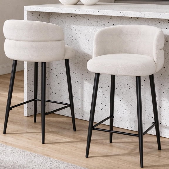 Smudyizi Bar Stools Set of 2, 28.5" Counter Height Upholstered Bar Stools with Curved Back, Fabric Mid-Century Modern Barstools for Kitchen Island, Home Bar, Beige