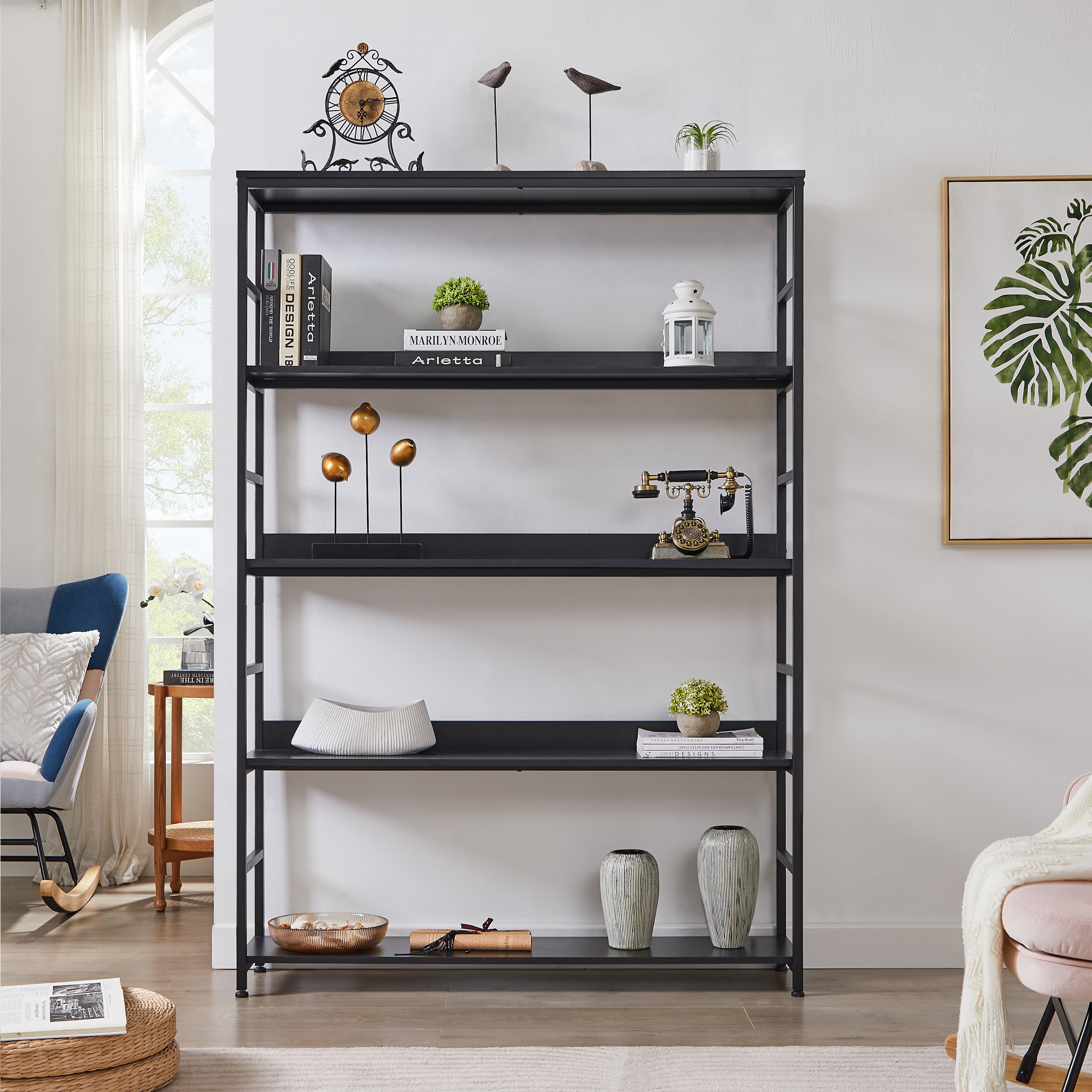 Black Ladder Shelf, 5 Tier Industrial Bookshelf for Bedroom, Home