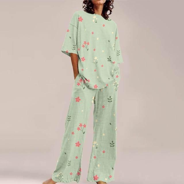 Ensembles de Pyjama pour Femmes Adaptés Été Col Rond Manches Courtes Ample Imprimé Floral Haut Chemise avec Pantalon Grande Taille 2 Ensemble S
