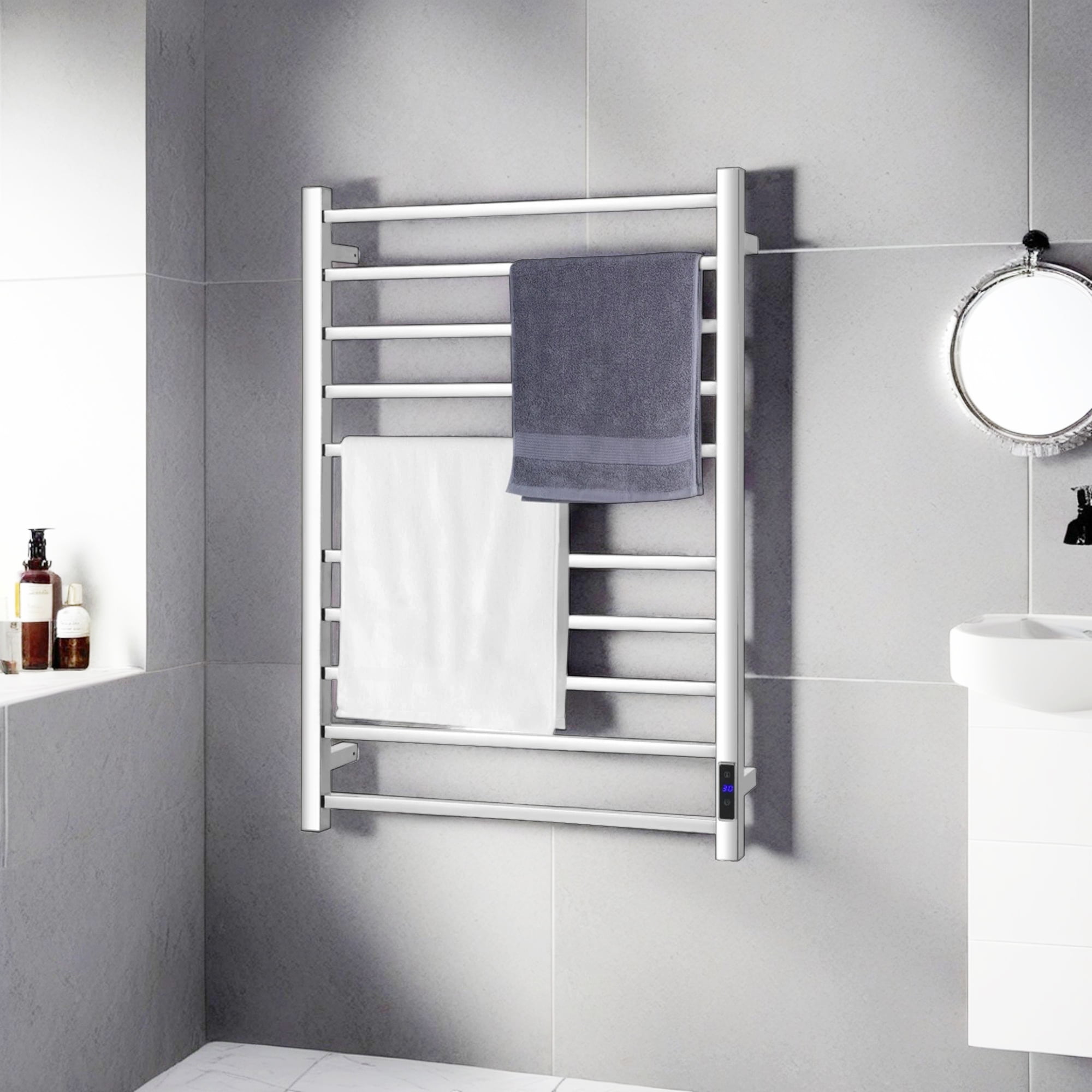 Demi Bonn Wall Mounted Towel Rack, Electric Heated Towel Rack, 10 Bar Towel Warmer Wall Mounted Electric Heated Towel Rack with Built-in Timer, for Bathroom, laundry Room, Silver