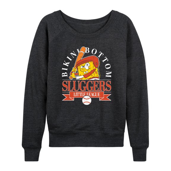Spongebob Squarepants - Bikini Bottom Sluggers Women's Lightweight French Terry Wide Neck Long Sleeve Graphic Shirt