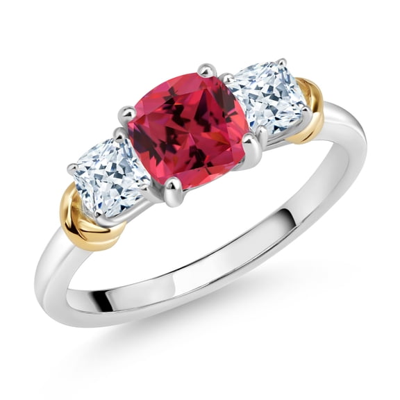 Gem Stone King 925 Sterling Silver and 10K Yellow Gold Fancy Pink Zirconia 3 Stone Engagement Ring for Women (2.02 Cttw, Cushion Cut 6MM and 4MM, Available in Size 5, 6, 7, 8, 9)