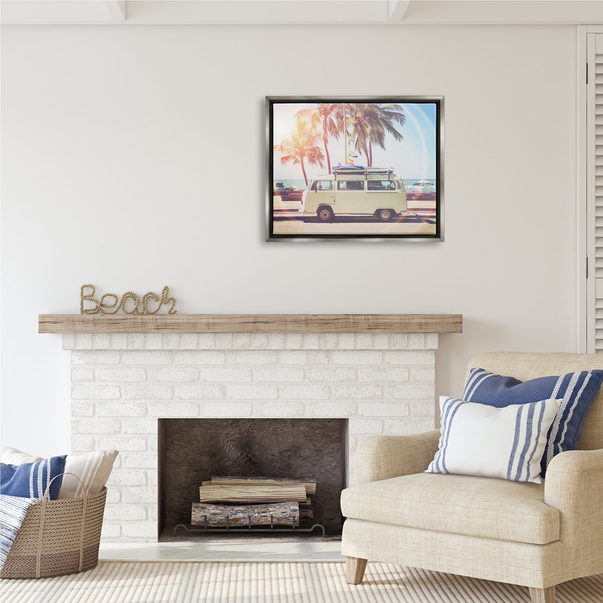 Stupell Industries Tropical Minibus on Beach Transportation Photography Gray Floater Framed Art Print Wall Art, 31 x 25