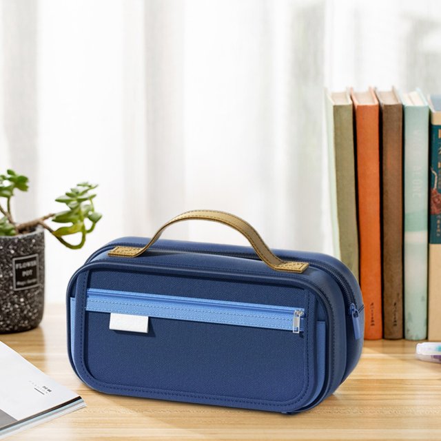 Large Capacity Canvas Pencil Case Organizer | Multi-Layer Stationery Pouch | Portable Durable Herringbone Fabric | Spacious Storage for Pens Markers | 21.5x11x8.5cm | Blue Red Yellow | 1 Pack
