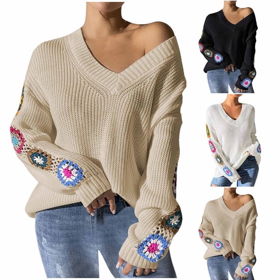 Sakmal Cozy Ladies Sweaters Beige V Neck Graphic Loose Women Sweaters L