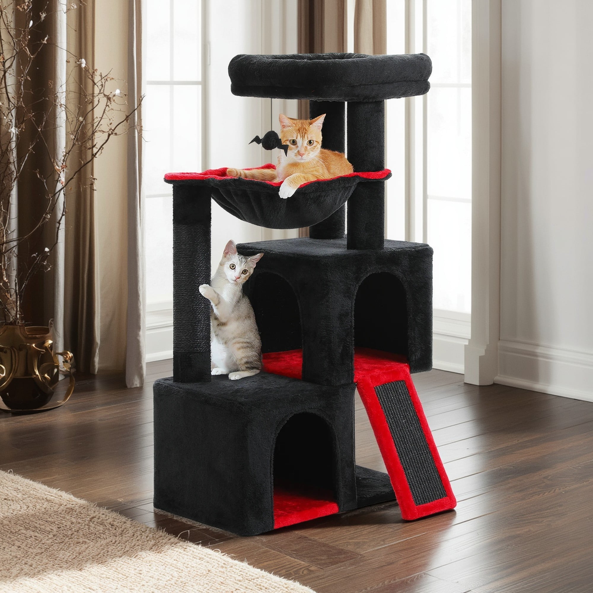 Pefilos 41" Multi-Level Cat Tree Tower with 2 Condos for Indoor Cats, Cat House with Hammock, Padded Perch, Scratching Pad, Black