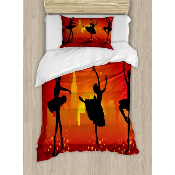 Ballet Duvet Cover Set Twin Size, Ballerinas Dancing with Stars in front of Urban Buildings City Scenery, Decorative 2 Piece Bedding Set with 1 Pillow Sham, Orange Vermilion Black, by Ambesonne