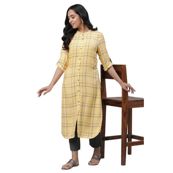 Aurelia Women'S Pale Yellow Checks Yarn Dyed Rayon Twill Straight Kurta_23Aua14302-704342_S
