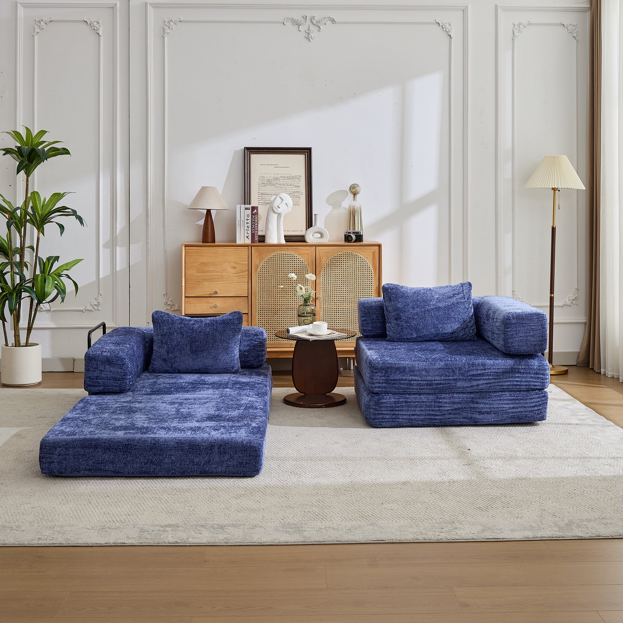 Miniyam Convertible Chenille Sofa Bed Couch, Modular Folding Floor Sleeper with Armrests, Space Saving Design for Living Room, Blue