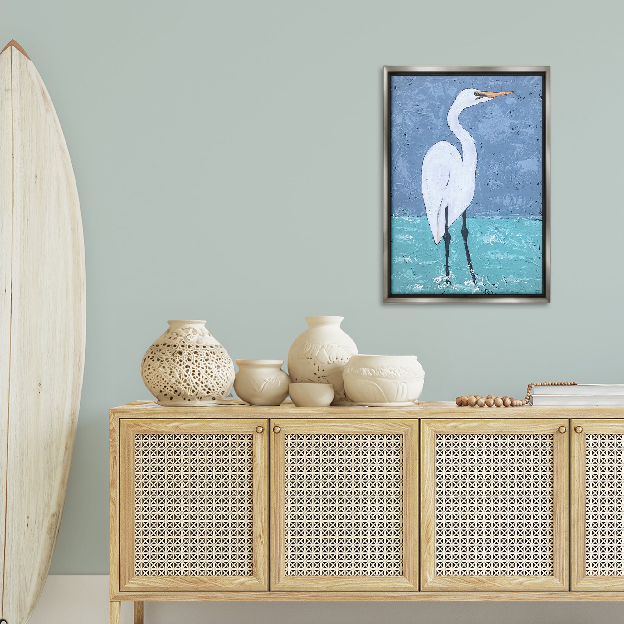 Stupell Industries Sea Heron Standing Animals & Insects Painting Gray Floater Framed Canvas Art Print Wall Art, 21 x 31