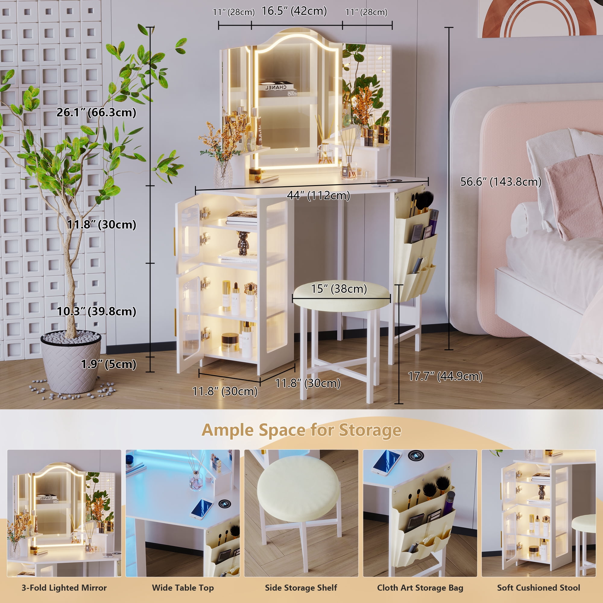 LVSOMT Makeup Vanity Desk with 3 Lighting Options, Dressing Table with Charging Station, Vanity Set with 4 Cabinets, Shelves and Stool, Corner Vanity for Women Girls, White