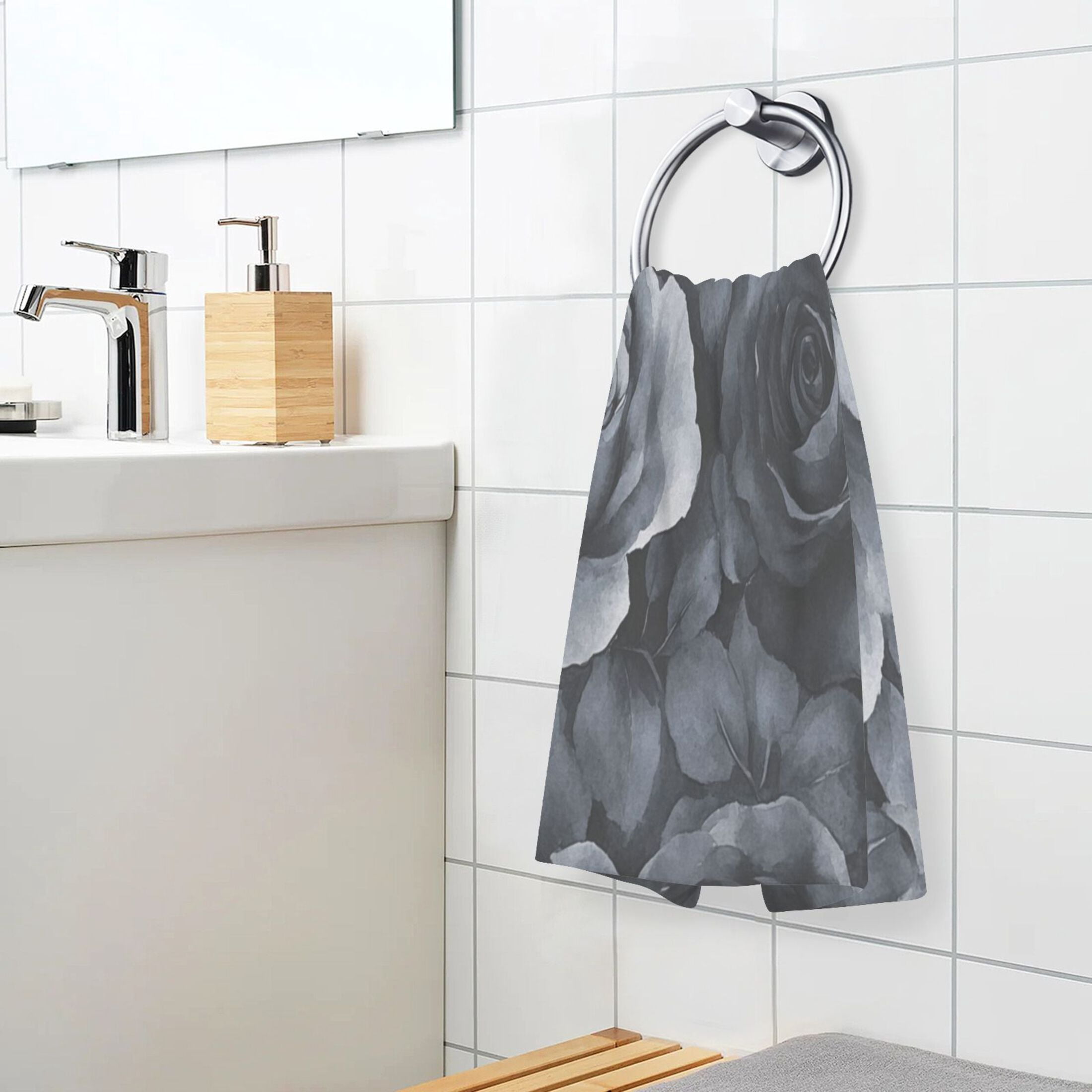 Cotton Towel Two-Piece 16x28 Inch One Sizex2 Face Towel Set Towel Set Cotton Hand Bath Towel Bathroom Beach Black Flowers