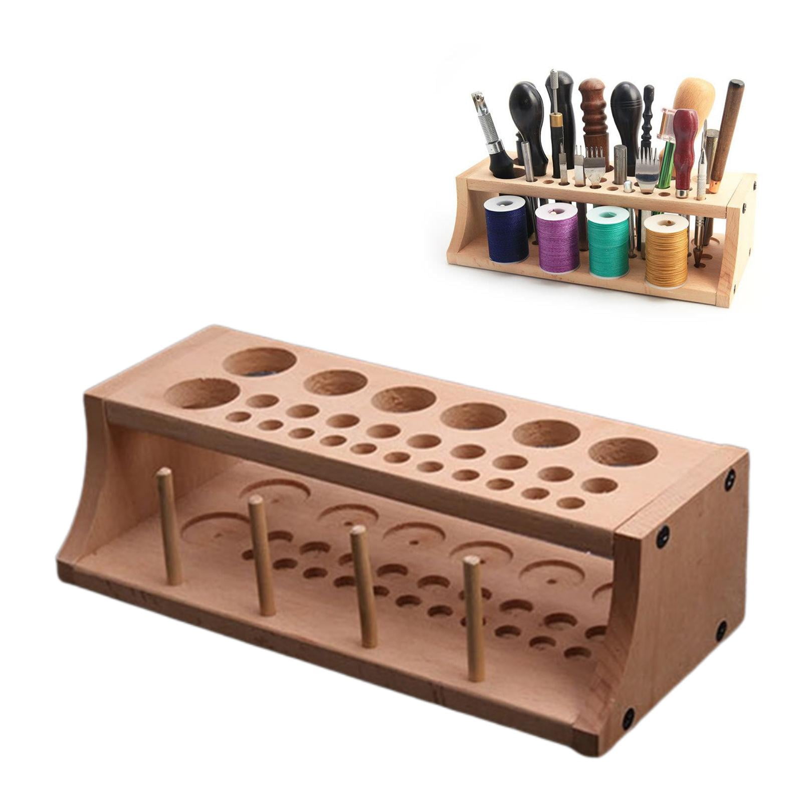 Wooden Leathercraft Tool Holder Organizer Stamping Making Punching Tools Storage Shelf Holder Stand for Painting Brush, Wood 27 Holes