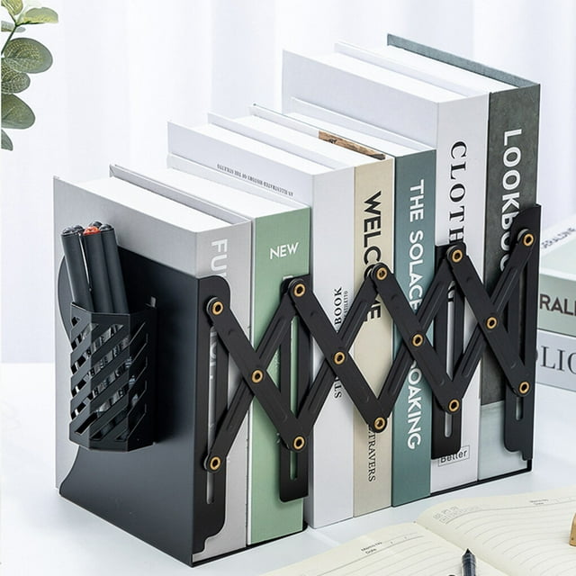 facefd Bookend Telescopic Replacement Solid Color 3 Compartment Coated Anti-rust School Book End Rack with Pencil Holder Black