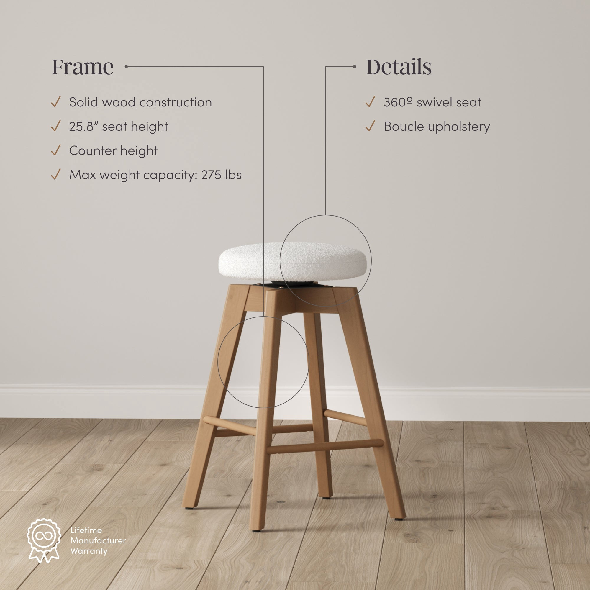 Nathan James Amalia Bohemian Swivel Bar Stool, Backless Counter Height Boucle Counter Stool with Solid Wood Legs and Upholstered Seat, White Oak