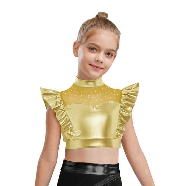 Hansber Hauts Courts à Volants pour Filles, Patchwork en Maille Brillante, Danse de Rue Hip Hop, Costume de Performance Or 10