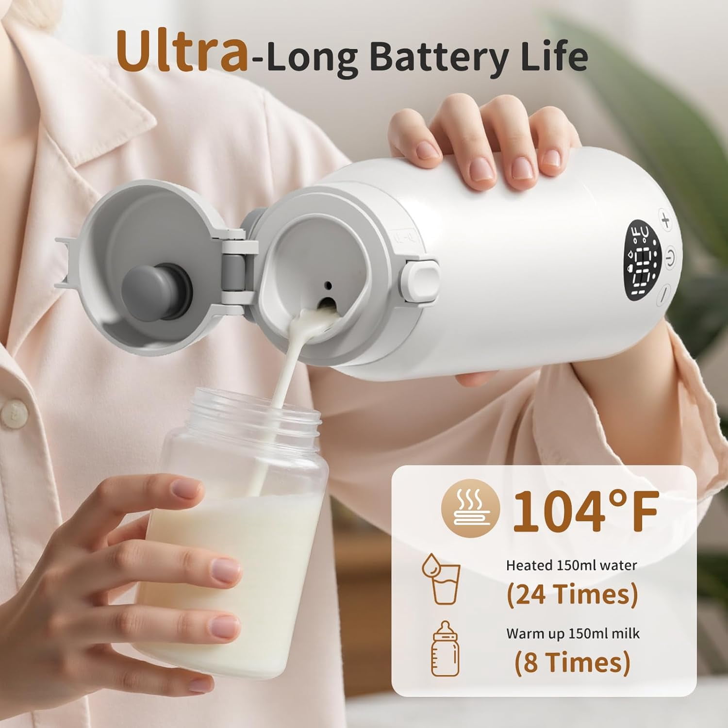 Portable Bottle Warmer for Baby ? Fast Heating Milk Warmer for Travel, Breast Milk & Formula, 17oz Leak-Proof Stainless Steel, IPX6 Waterproof, Rechargeable with Long Battery Life with Cleaning Brush
