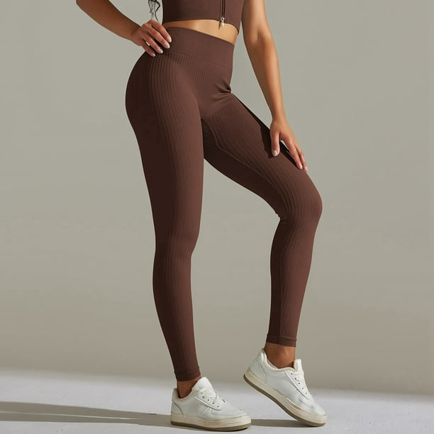 TOWED22 High Waist Yoga Pants with Pockets Tummy Control Workout Leggings  for Women 4 Way Stretch Leggings with Pockets(Brown,L)